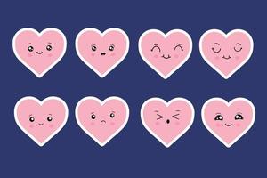 kawaii harten, reeks van schattig emoji pictogrammen, stickers. hand- getrokken emotioneel tekenfilm karakters. schattig liefde tekens met verschillend gezichten, grappig positief emoties. blauw achtergrond. vector