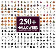 250 groot halloween illustratie vector collecties met klem kunst. ontwerp van heks, griezelig en spookachtig elementen voor halloween dag decoraties, pictogrammen, en stickers met andere halloween onderdelen.