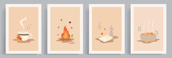 4 collecties van herfst vector illustraties met een warm, hygge en knus atmosfeer. warm atmosfeer vector met heet kop van koffie of chocola, vreugdevuur, boek en koekjes.