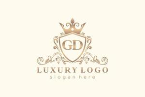 eerste gd brief Koninklijk luxe logo sjabloon in vector kunst voor restaurant, royalty, boetiek, cafe, hotel, heraldisch, sieraden, mode en andere vector illustratie.