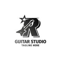 brief r elektrisch gitaar en ster decoratie vector logo ontwerp element