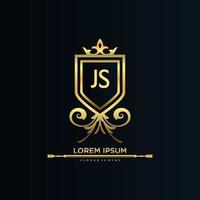 js brief eerste met Koninklijk sjabloon.elegant met kroon logo vector, creatief belettering logo vector illustratie.