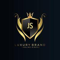 js brief eerste met Koninklijk sjabloon.elegant met kroon logo vector, creatief belettering logo vector illustratie.