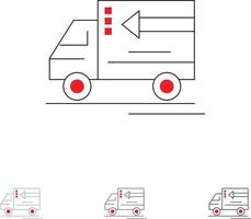 vrachtauto levering goederen voertuig stoutmoedig en dun zwart lijn icoon reeks vector