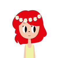 tekenfilm meisje karakter met rood haar- en een bloem lauwerkrans. schattig tekenfilm meisje karakter. vector voorraad illustratie.