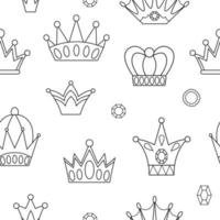 zwart en wit fee verhaal kronen naadloos patroon. vector lijn herhaling achtergrond met fantasie koning of koningin accessoires. digitaal papier met Gezag symbolen. middeleeuws sprookje Koninklijk sieraden structuur