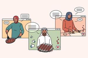 reeks van verschillend Arabisch voedsel bloggers Aan scherm Koken smakelijk gerechten Aan internetten. verzameling van Arabisch beïnvloeders bereiden traditioneel nationaal maaltijd, hebben klasse Aan web. vlak vector illustratie.