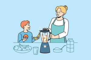 glimlachen moeder en klein zoon maken gezond fruit smoothie in blender Bij huis keuken. gelukkig mam en kind bereiden voeding drinken of sap. vitamine aan het eten en vegetarisch. vector illustratie.