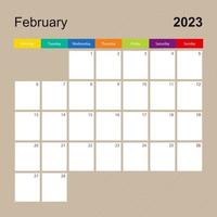 kalender bladzijde voor februari 2023, muur ontwerper met kleurrijk ontwerp. week begint Aan maandag. vector