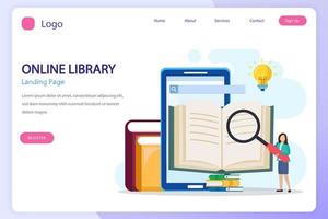 online bibliotheek concept, online bibliotheek voor opleiding, online referentie concept, boek, literatuur of e-leren. vlak vector sjabloon
