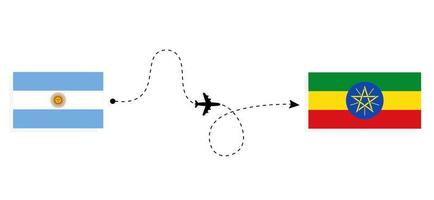 vlucht en reis van argentinië naar ethiopië per passagiersvliegtuig reisconcept vector