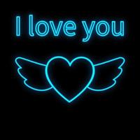 helder lichtgevend blauw feestelijk digitaal neon teken voor een op te slaan of kaart mooi glimmend met liefde Vleugels met een hart Aan een zwart achtergrond met de opschrift ik liefde jij. vector illustratie