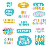 een reeks van kinderen tekenfilm zinnen belettering. schattig woorden voor baby douche, afdrukken voor t-shirt en kinderkamer vector