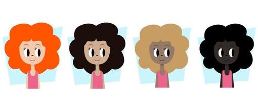 tekenfilm meisjes met verschillend haar- en huid kleur. reeks van schattig tekenfilm meisjes. vector voorraad illustratie.