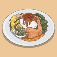 een bord van nasi padang, authentiek Indonesisch keuken, sumatran specialiteiten. kerrie kip compleet met groenten en Chili saus. een van de het beste voedsel in de wereld. vector