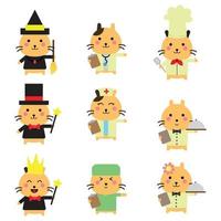 schattig kat mascotte. chef kat, dokter kat, goochelaar kat en koning, koken, bediende, chef, oranje vector