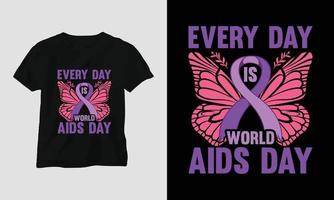 wereld AIDS dag t-shirt ontwerp met rood en roze kleuren en AIDS teken lint, vlinder vector