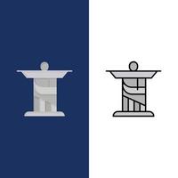 Jezus Christus monument mijlpaal pictogrammen vlak en lijn gevulde icoon reeks vector blauw achtergrond