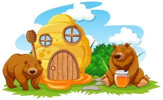 cartoon honingraat huis met twee beren vector