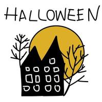 zwart silhouet van halloween huis met groot maan en bomen vector