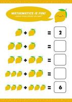 peuter- toevoeging wiskunde leren werkblad werkzaamheid sjabloon met schattig citroen illustratie voor kind kinderen vector