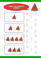 peuter- tellen leren werkblad traceren schrijven aantal werkzaamheid vector sjabloon met schattig watermeloen tekenfilm illustratie voor kind kinderen