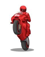 motor rijder in rood team wheelie houding. racing wedstrijd tekenfilm illustratie vector