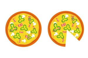 geheel pizza met spek topping. snel voedsel illustratie vector