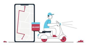 online levering onderhoud , online bestellen volgen, levering huis en kantoor. scooter levering. Verzenden. Mens Aan de fiets. vector