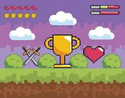 videogamescène met gouden beker, zwaarden en hart vector