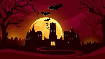 halloween achtergrond met kasteel onder de rode hemel. vector