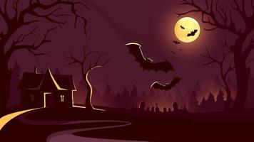 halloween-achtergrond met huis en vliegende vleermuizen. vector