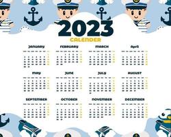 hand- getrokken marinier en nautische 2023 kalender sjabloon vector