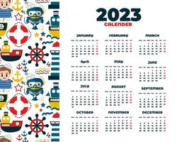 hand- getrokken marinier en nautische 2023 kalender sjabloon vector