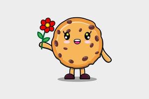 schattig tekenfilm biscuits karakter Holding rood bloem vector