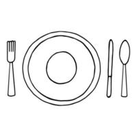 bord, lepel, vork, mes icoon, concept. hand- getrokken tekening stijl. vector, minimalisme, monochroom schetsen tafel reeks gerechten voedsel lunch bestek vector