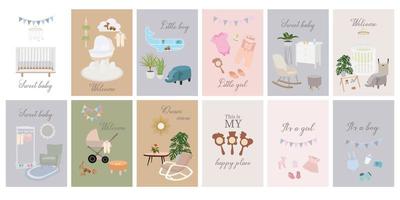 posters met decor in de kinderkamer. kinderen interieur. baby douche kaarten voor jongen en meisje met pasgeboren kleren vector