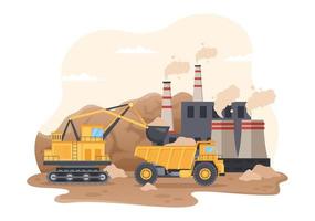 mijnbouw bedrijf met zwaar geel kipwagen vrachtwagens voor steenkool de mijne industrieel werkwijze of vervoer in vlak tekenfilm hand- getrokken Sjablonen illustratie vector