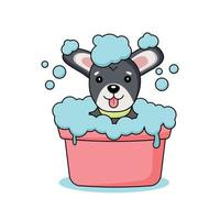 illustratie van een grijs zittend hond in een bubbel bad met een geel halsband vector