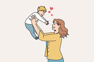 gelukkig ouderschap en moederschap concept. glimlachen jong vrouw moeder staand en Holding haar klein baby jongen bereiken voor haar gevoel liefde vector illustratie