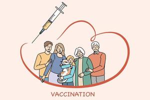 vaccinatie en medisch bescherming concept. familie met kind kind ouders en grootouders staand allemaal samen en gevoel beschermde met injectiespuit en vaccinatie vector illustratie