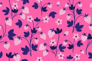 naadloos patroon met aardbeien, bloemen en bladeren Aan een roze achtergrond. vector grafiek.