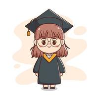 gelukkig diploma uitreiking kort haar- meisje met pet, japon en bril schattig kawaii chibi tekenfilm karakter illustratie vector