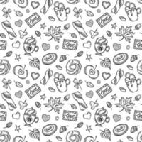 herfst tekening naadloos patroon. hand- getrokken reeks van schetsen cups van koffie, appel, bladeren, donut, koekjes, eikels vector