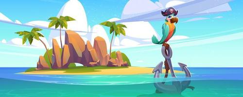 piraat papegaai in hoed Aan anker Aan zee strand vector