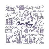 chemie banier met belettering. hand- getrokken voorwerpen geassocieerd met chemie en experimenten. vector illustratie in tekening stijl