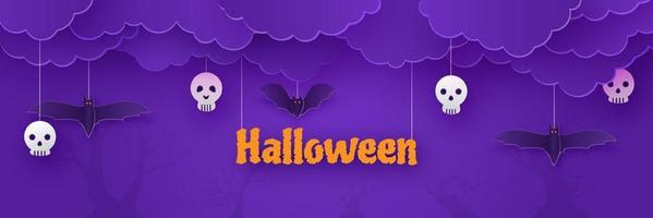 gelukkig halloween, wolken met vol maan nacht tafereel, groet kaart papier besnoeiing stijl, uitnodiging poster vector Purper achtergrond illustratie