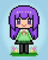 8 beetje pixels, Purper haren vrouw karakters. anime tekenfilm meisje in vector illustraties voor spel middelen of kruis stiksels patronen.