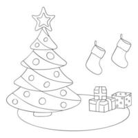 tekening illustratie van een Kerstmis boom met geschenk doos schets Aan een wit achtergrond. kinderachtig stijl. vector
