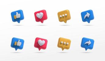 sociale media icon set duimen, commentaar, delen en liefde 3D-stijl vector